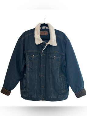 Wrangler Dark Blue Denim Jacket with Cream Sherpa Collar